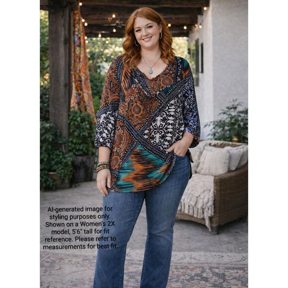 cha cha vente Tops - Cha Cha Vente Sheer Boho Hippie Print Tunic Top 2X